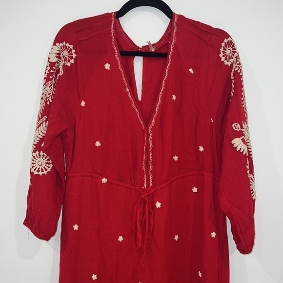 Free People Red Embroidered Romper/Jumpsuit v-neck jumpsuit size XS - Picture 7 of 17